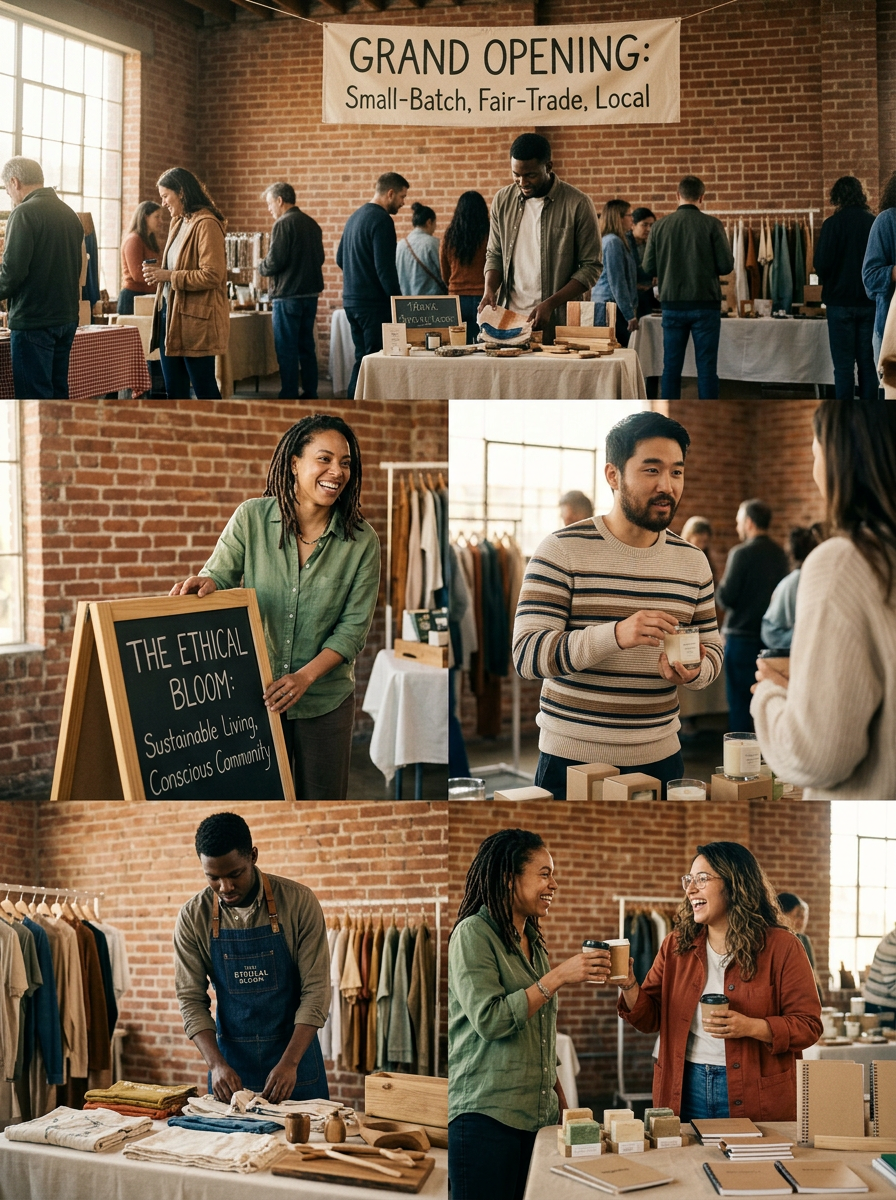 People shopping and interacting at a community market promoting sustainable, fair-trade, and local goods.