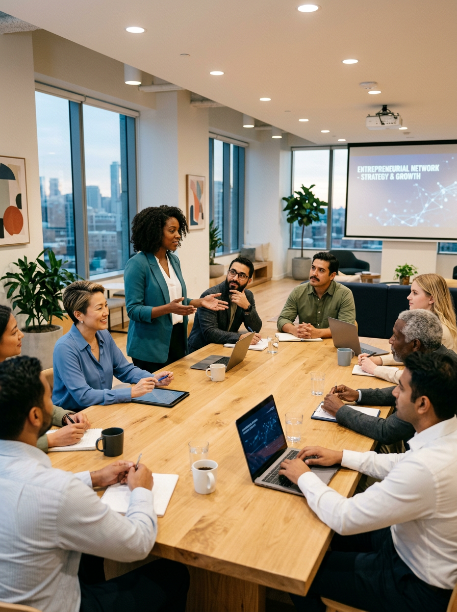 Team meeting with people discussing entrepreneurial strategy and growth around a conference table