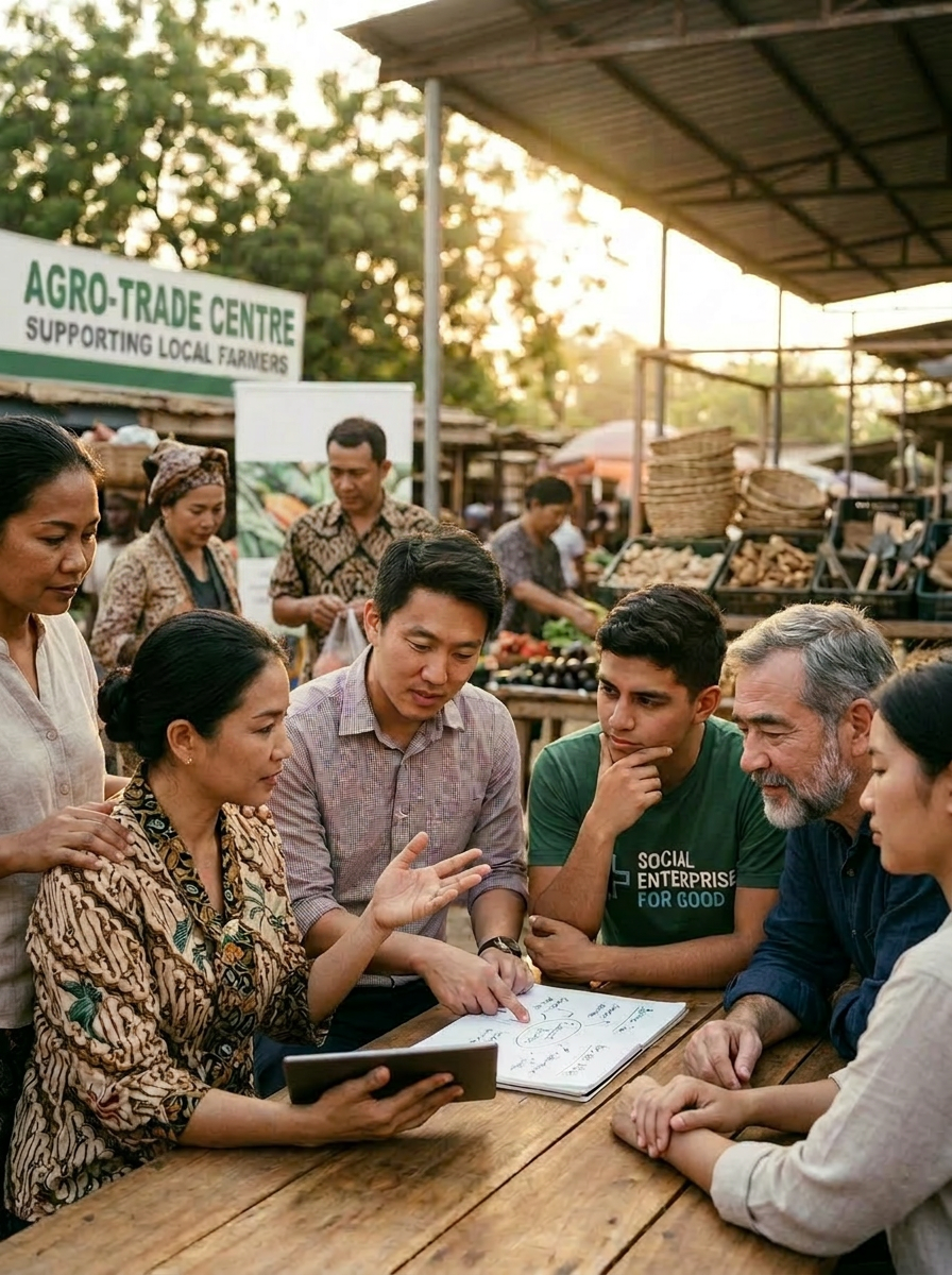 Group of people having a business discussion at a wooden table in an outdoor market